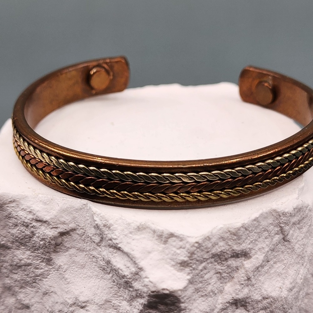 Copper Tone Open Cuff Bracelet Braided Mixed Metal Twisted Wire Disc Ends Boho